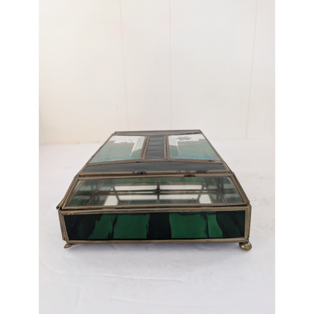 Jewelry Box Etched Floral Stained Glass Green Clear Vintage Glass Trinket FLAW - Picture 4 of 16